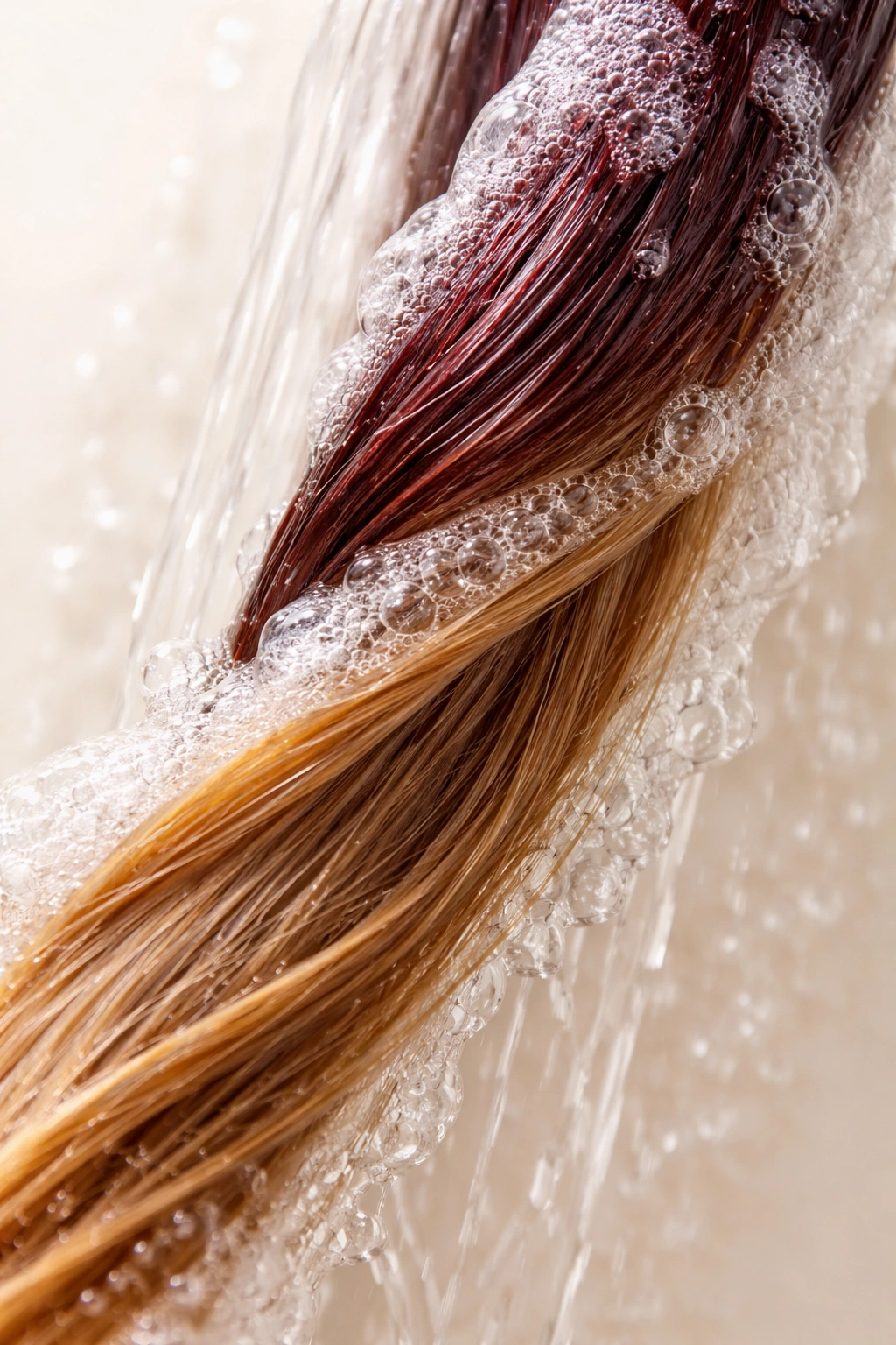 Hair strand with gentle shampoo foam showing gradual color fade.