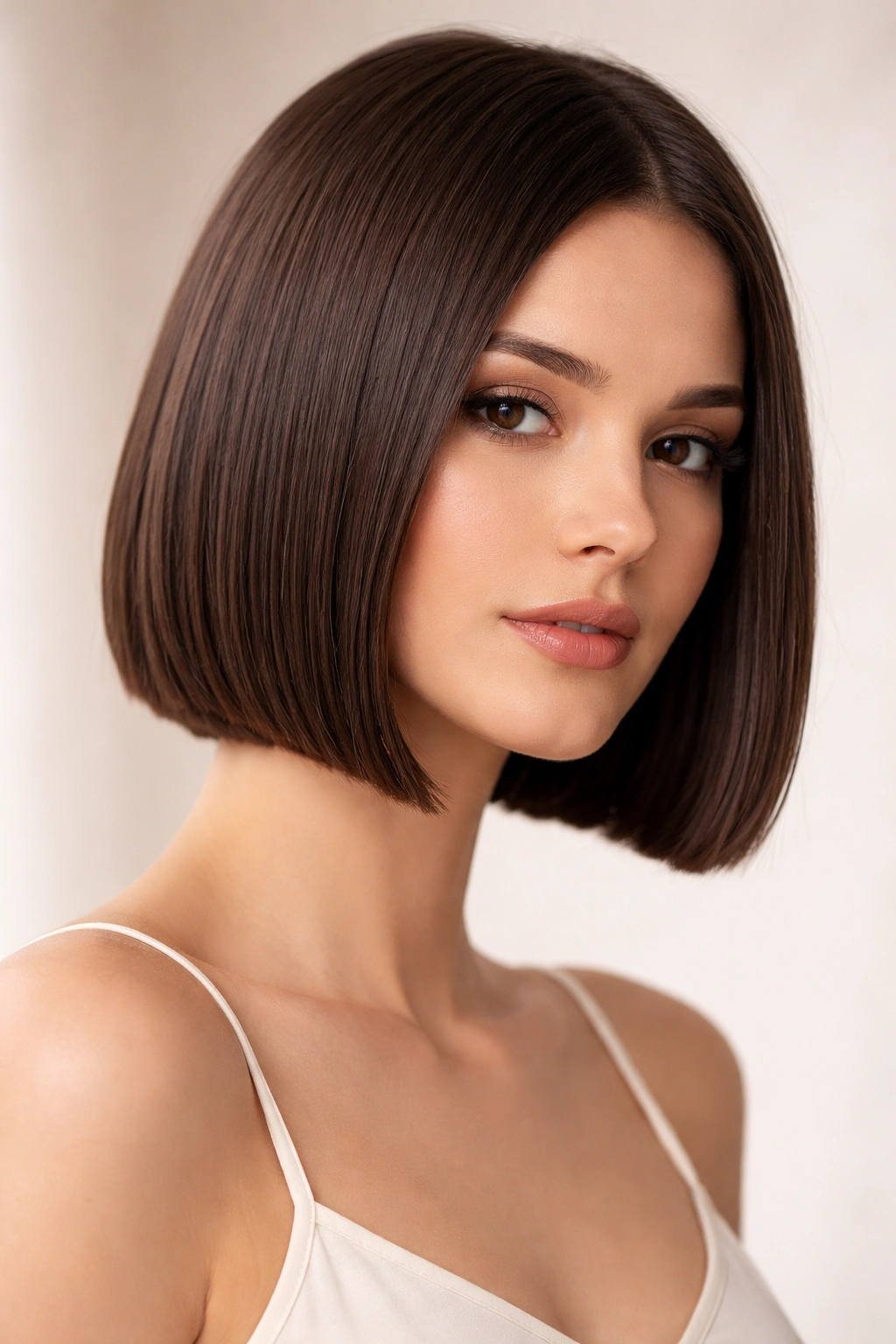 Close-up of a person with a classic blunt-ended bob, chin-length straight hairstyle.