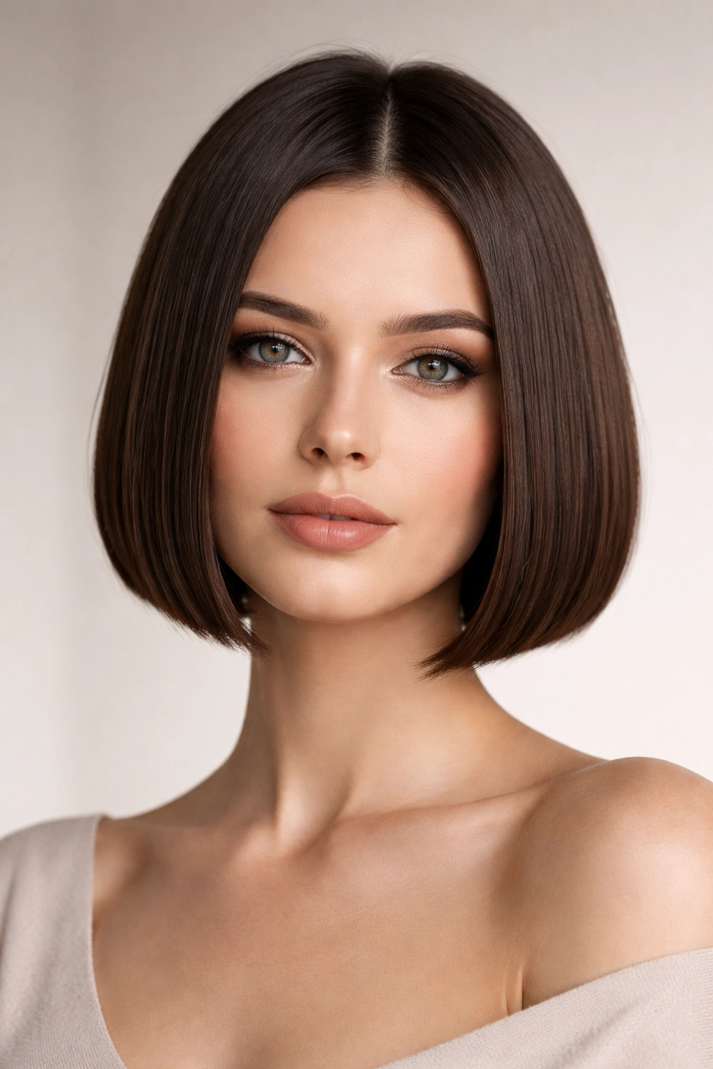 Close-up of a Classic Blunt Bob showing a jaw-length straight cut with no layers