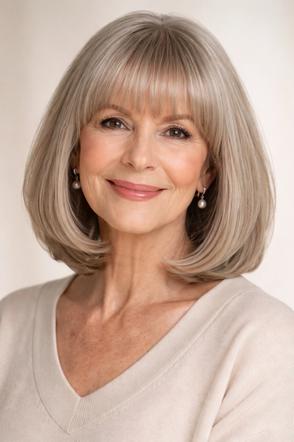 Close-up of a mature woman with a classic bob and full bangs
