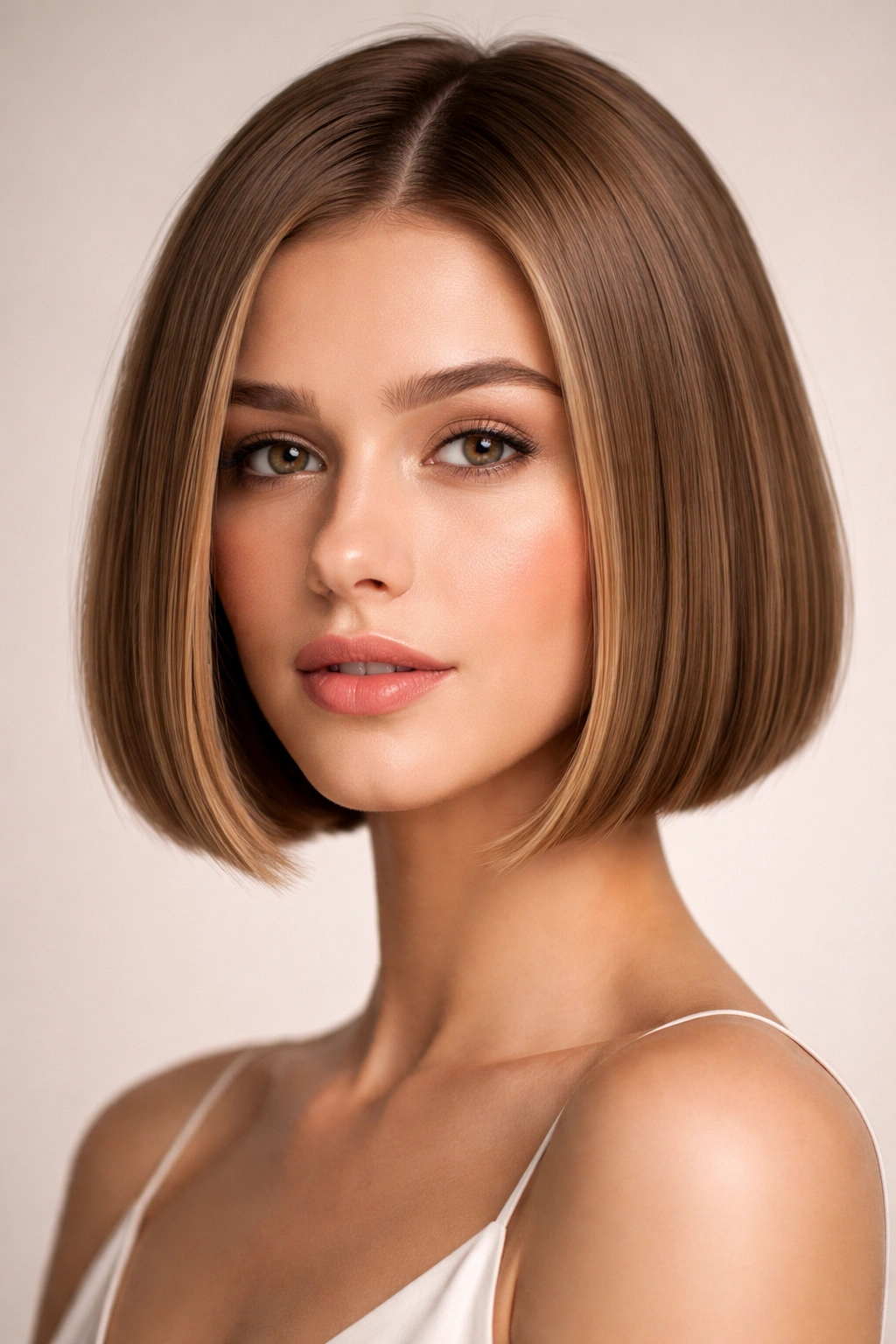 Close-up of a model with a classic chin-length blunt bob in studio lighting