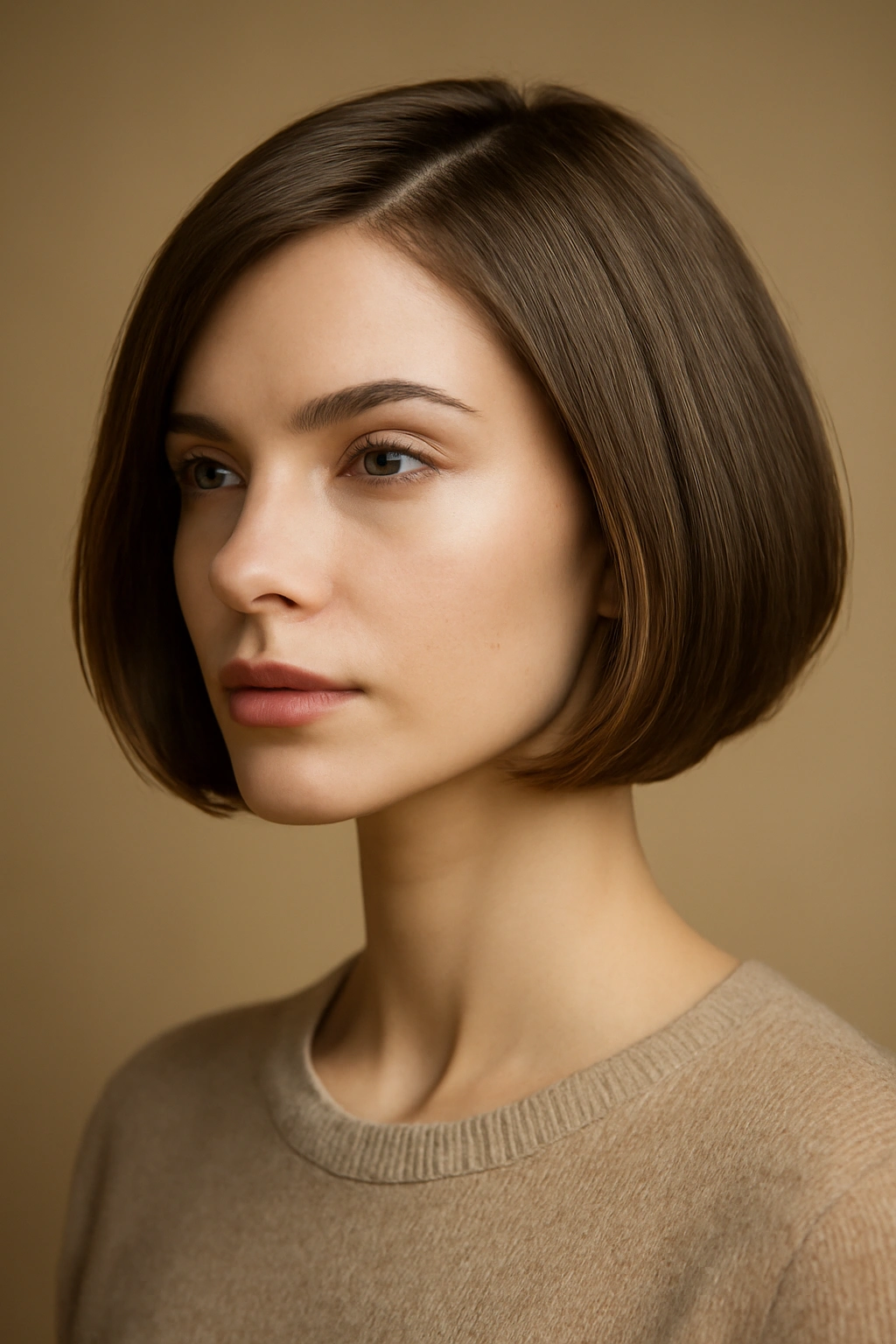 Close-up of a woman with a classic chin-length bob and crisp lines.
