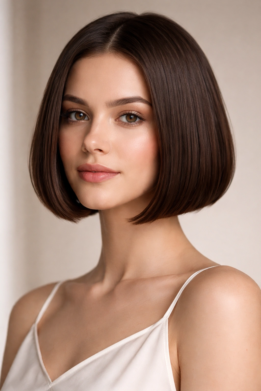 15 Short Haircuts That Look Great On An Oval Face 2 Model wearing a chin-length classic bob with a sharp jawline