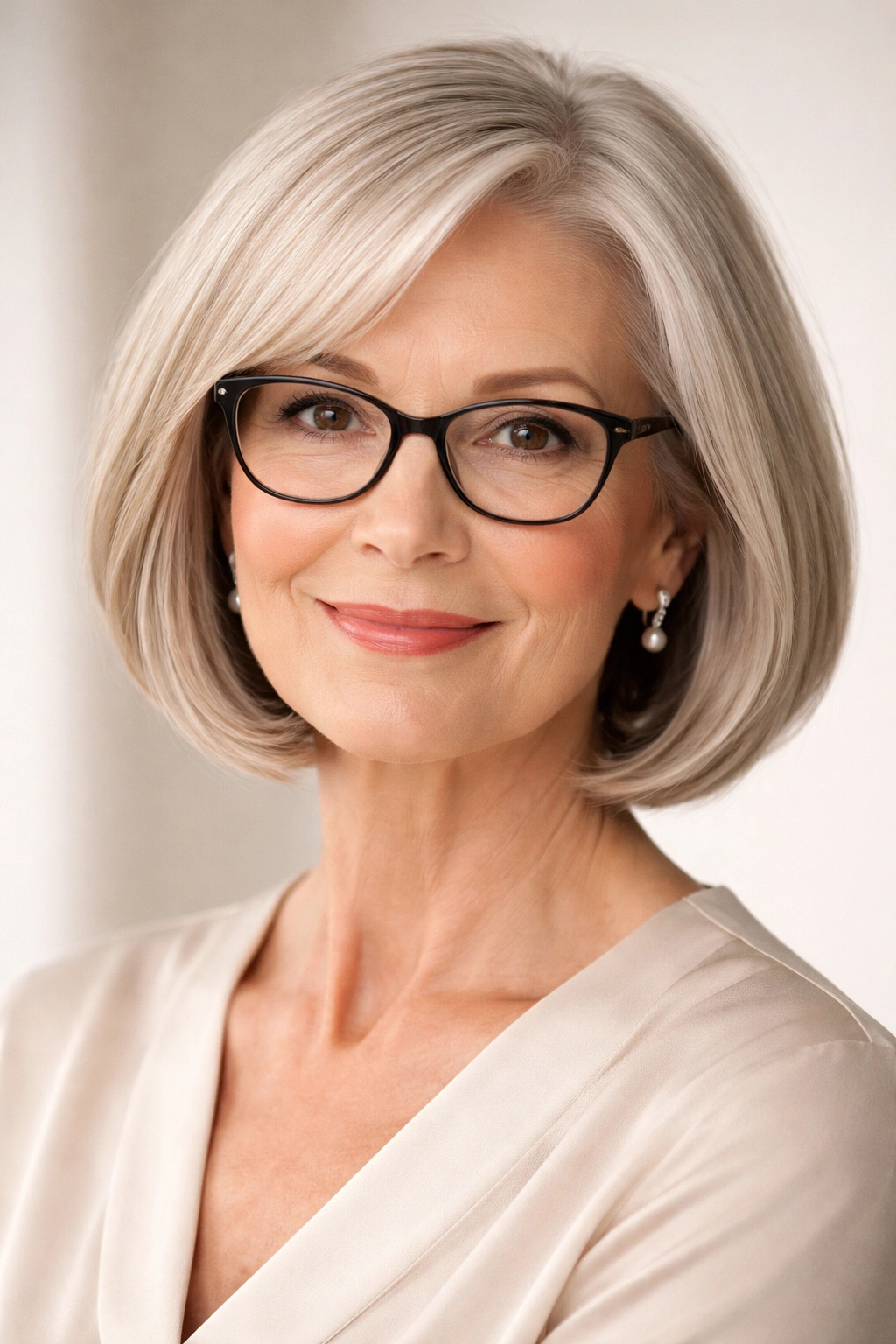 Woman with classic chin-length bob and glasses