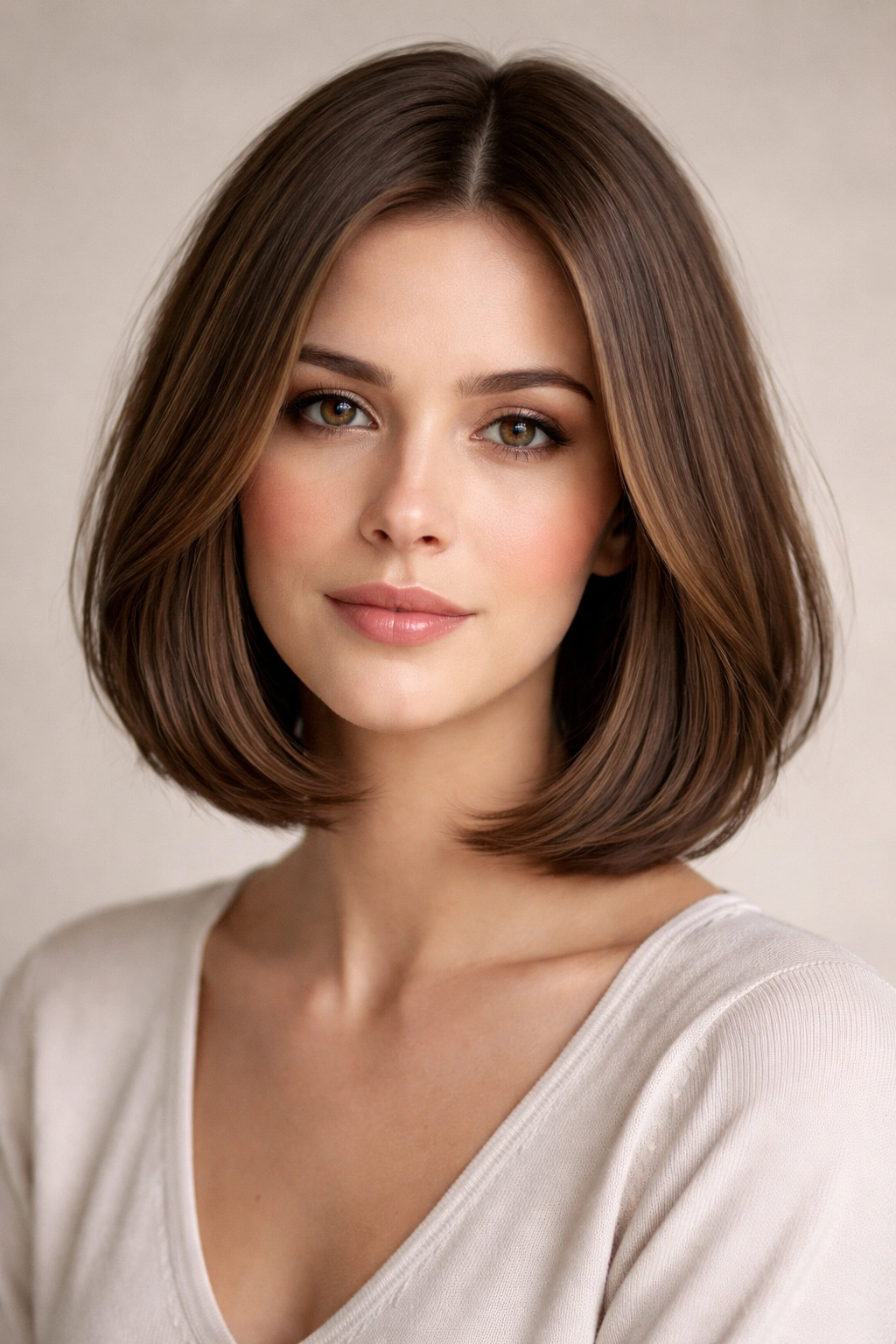Close-up of shoulder-length classic bob with subtle layers and shine