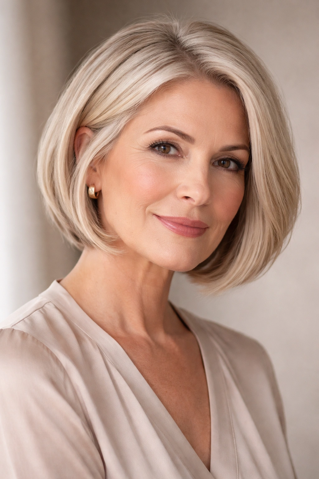 Portrait of an older woman with a chin-length classic bob on a square face