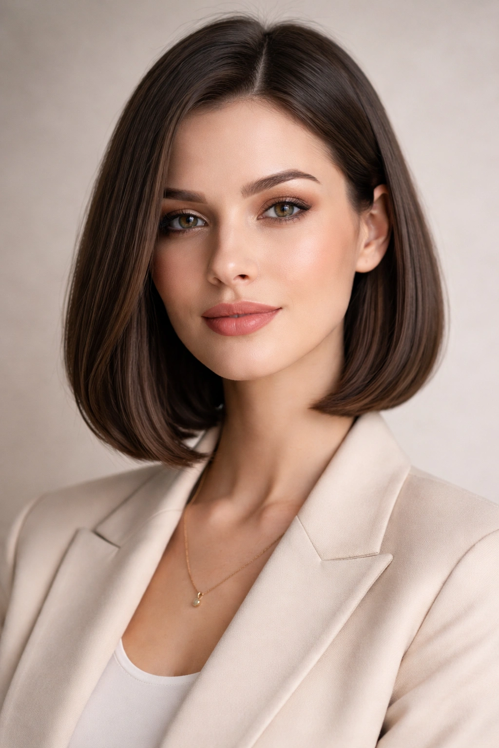 Portrait of a woman with a sleek chin-to-shoulder bob hairstyle, polished and timeless