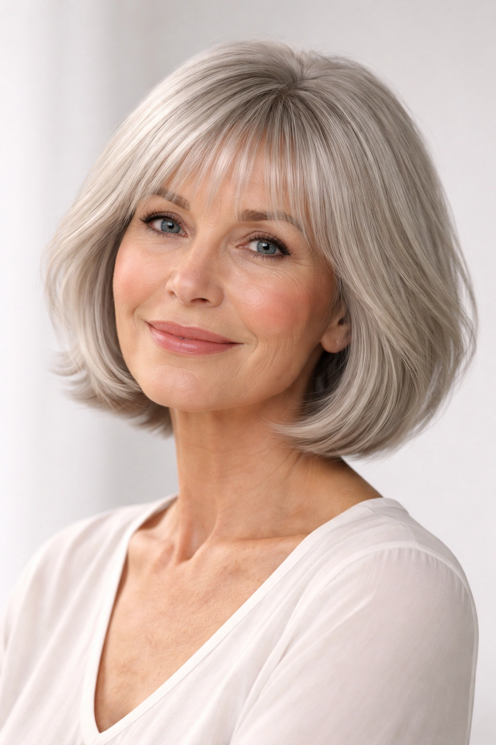 Elderly woman with chin-length bob and wispy bangs