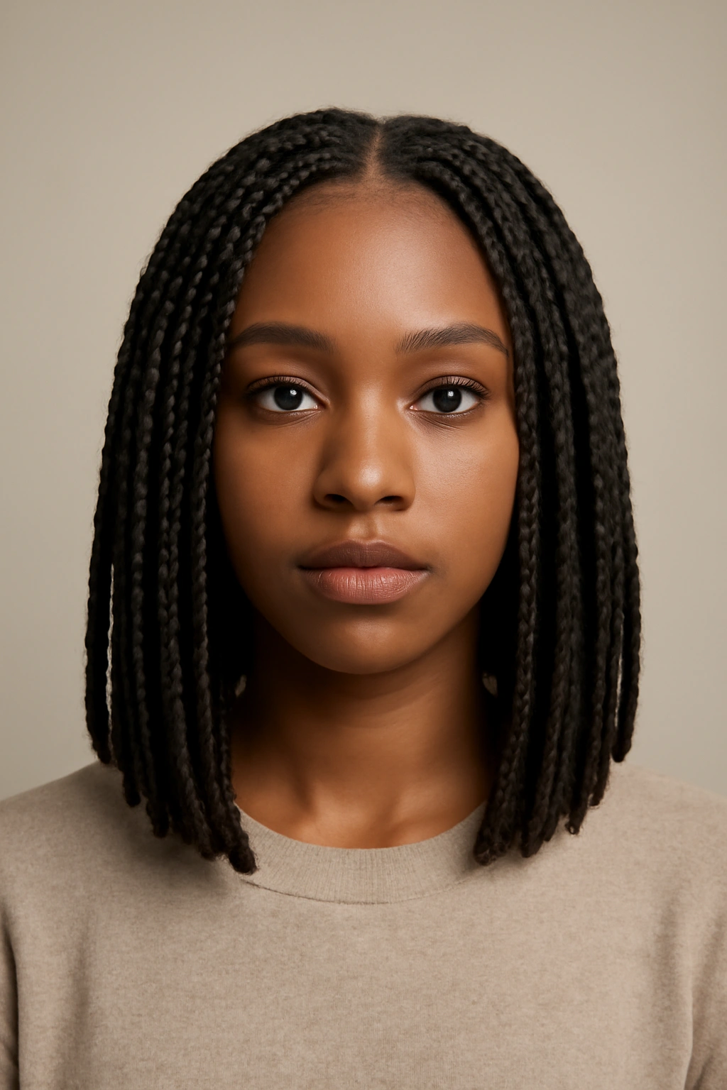 Close-up of classic shoulder-length box braids with blunt ends