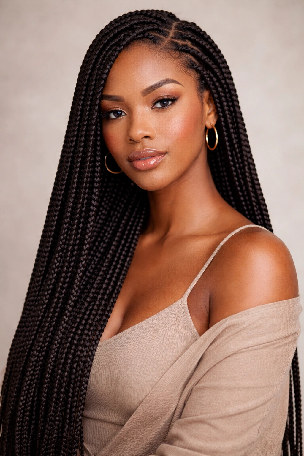 Close-up of a Black woman with long square-part braided hair in a studio portrait