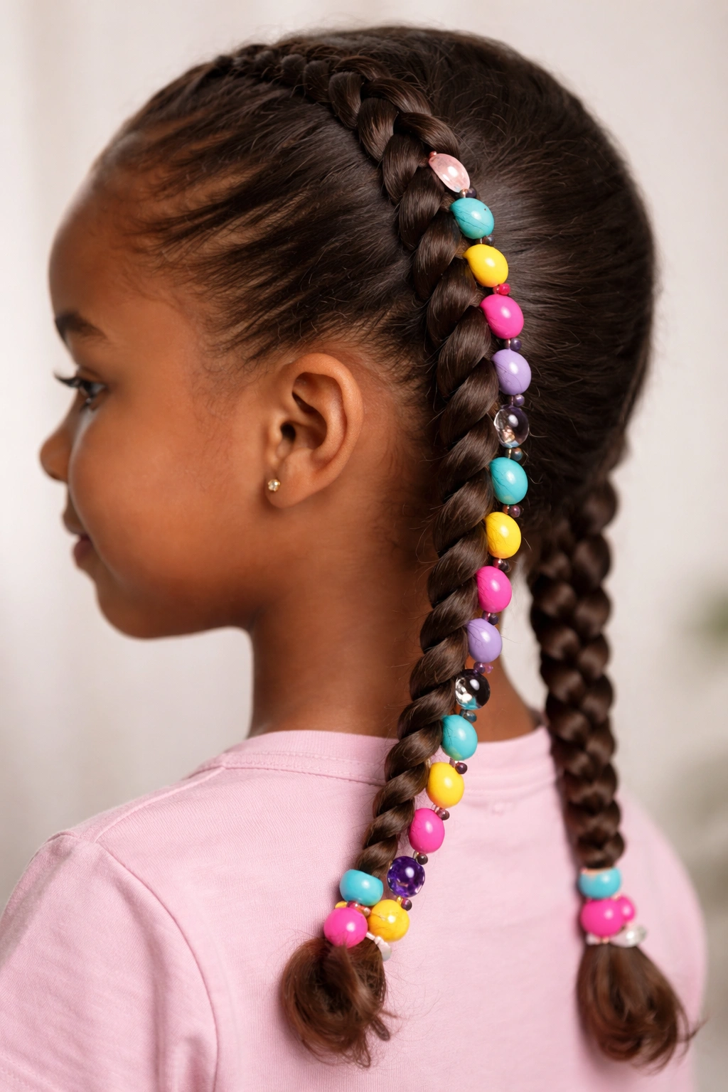 Close-up of a child's classic three-strand braid with colorful beads along the length