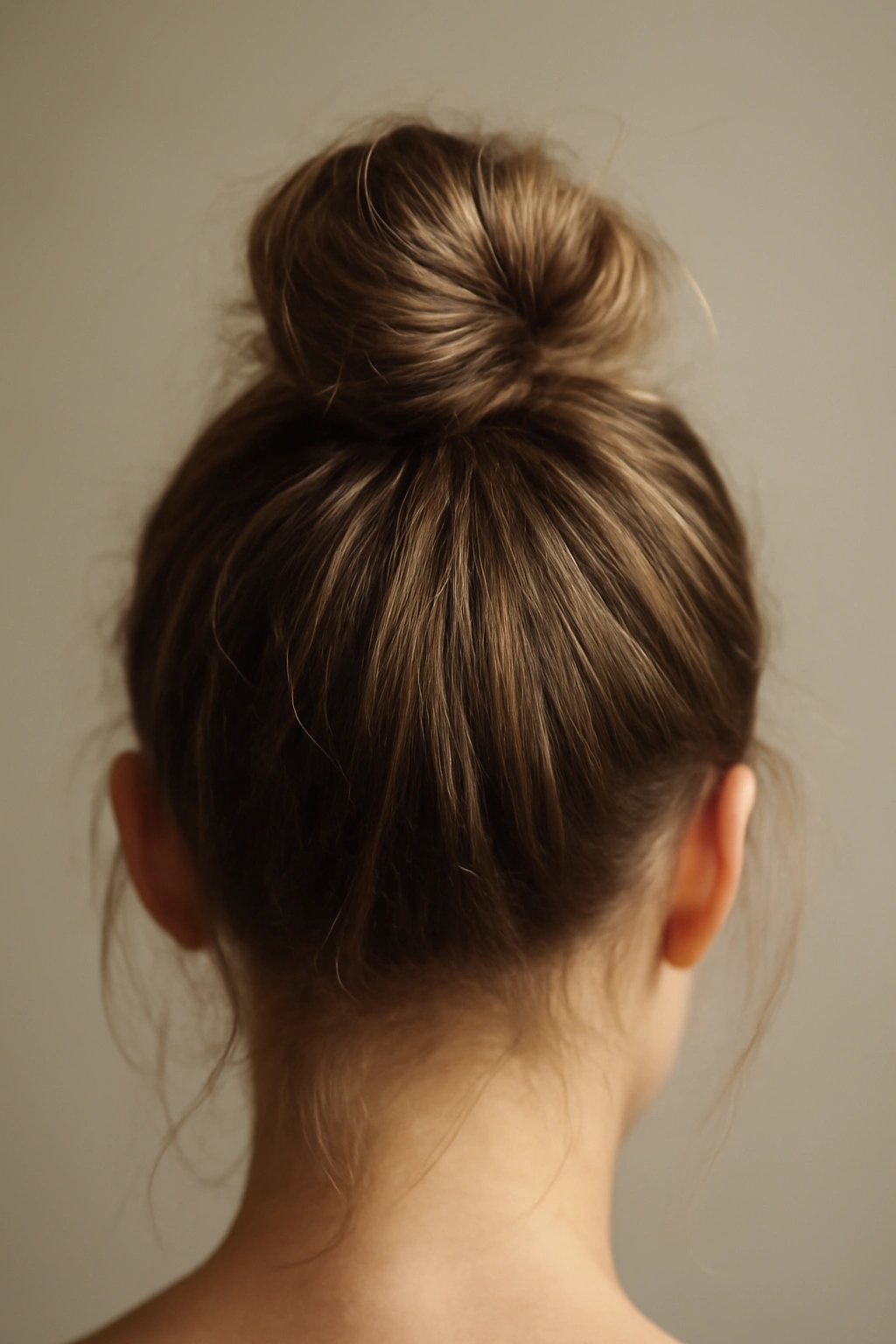 5 Easy Messy Top Knot Styles for Any Hair Length 1 Close-up of a classic casual knot styled high on the crown with a loose loop and wrapped tail