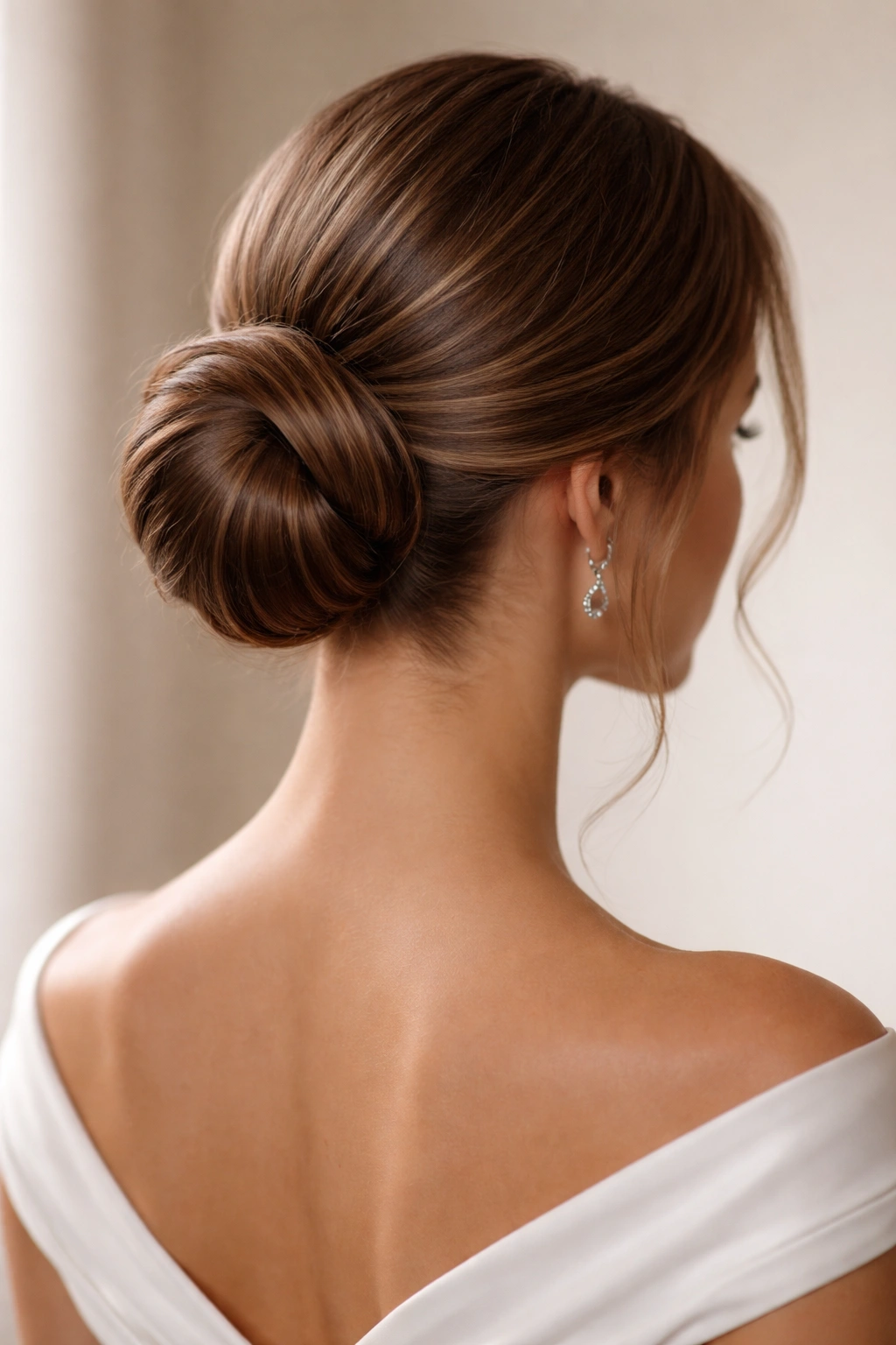 Close-up of a classic chignon at the nape of the neck
