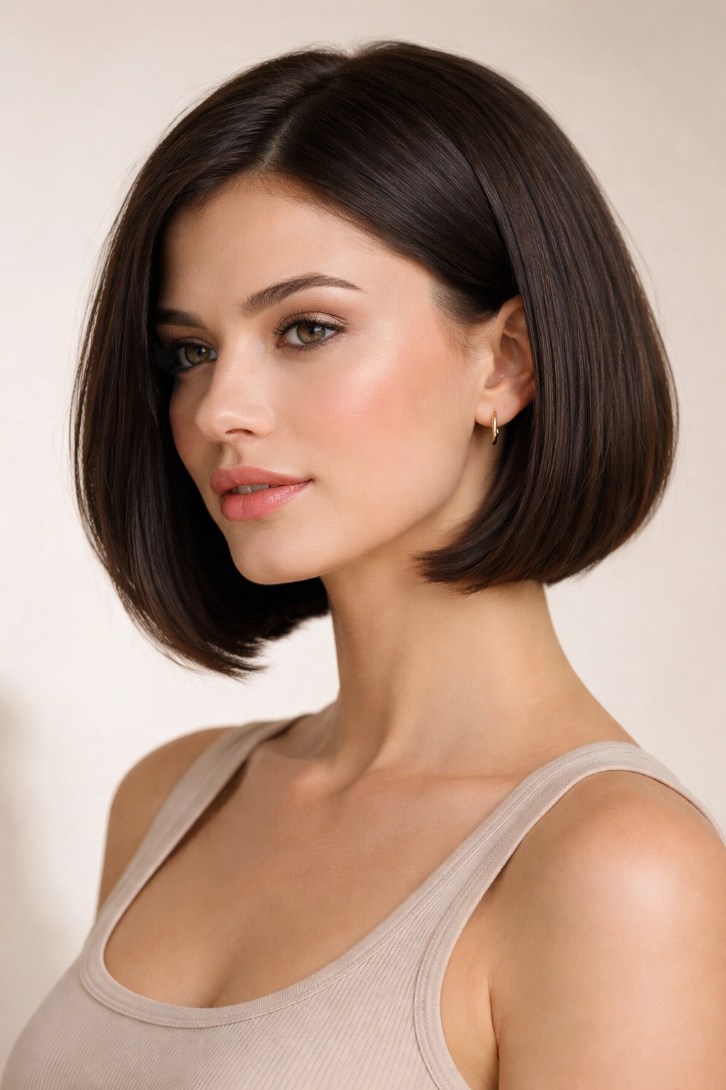 22 Bob Haircuts Flattering On Every Face Shape 1 Close-up portrait of a model with a classic chin-length bob, jawline framing hair.