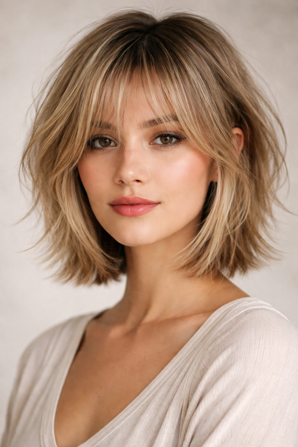 Close-up portrait of a model with a classic choppy baby cut featuring face-framing layers