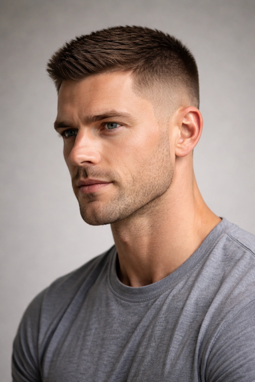 Close-up of a classic crew cut hairstyle on a male model showing short sides and slightly longer top