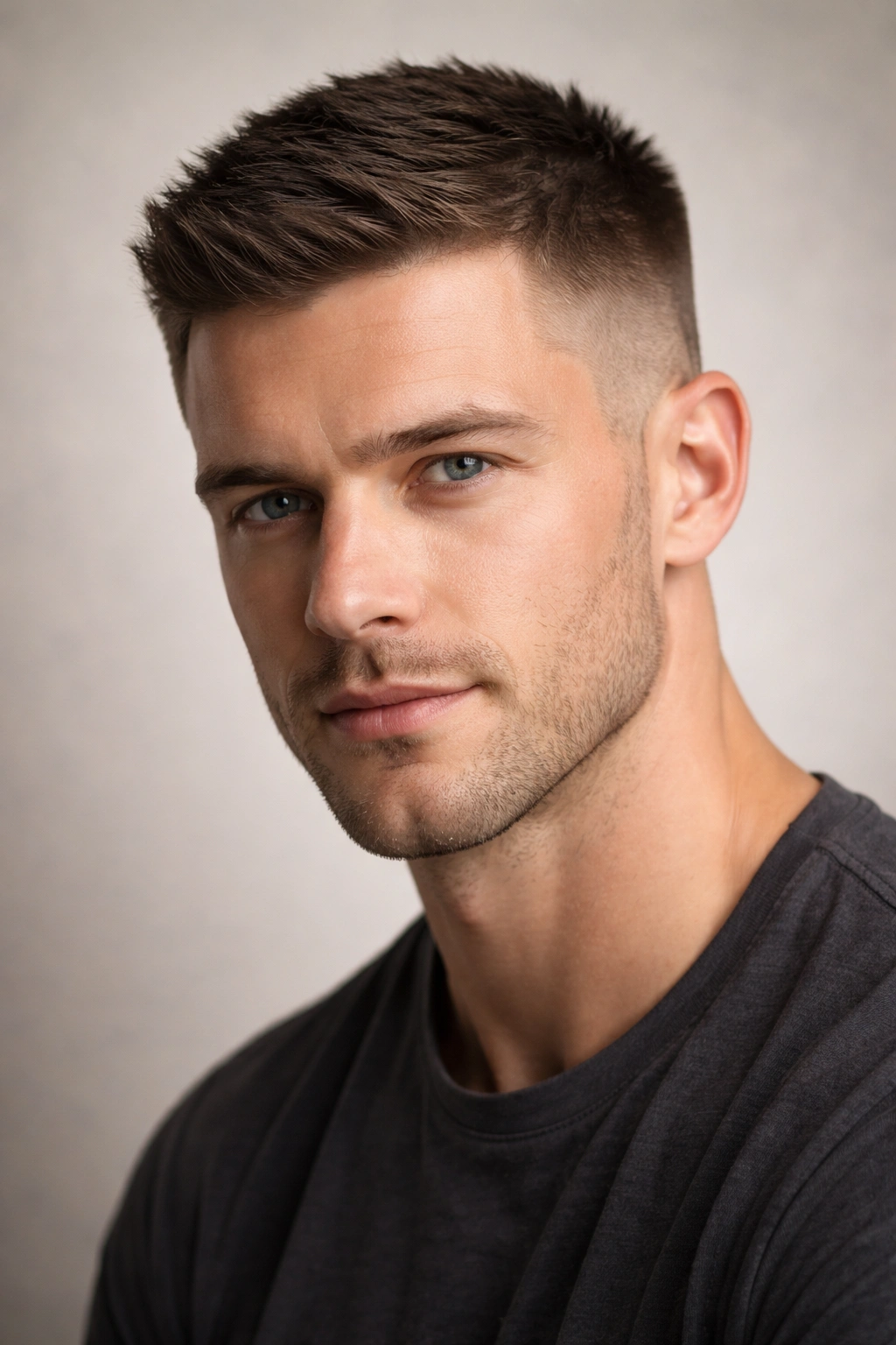 Close-up portrait of a man with a classic crew cut showing short sides and textured top