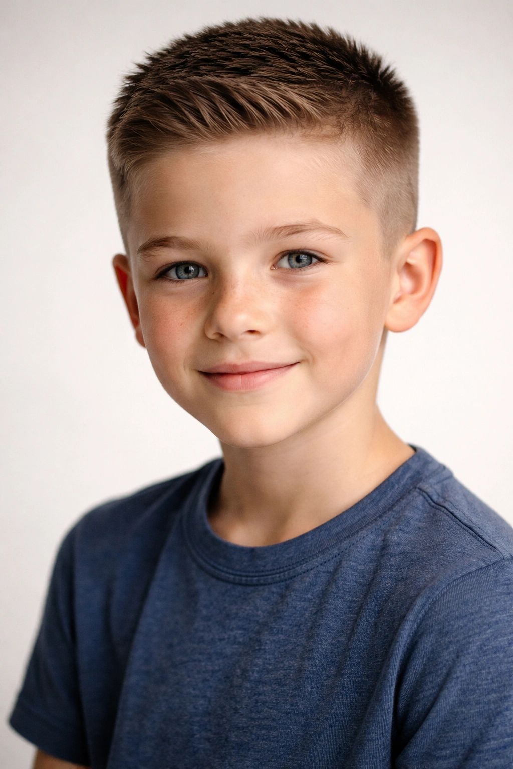 Close-up of a young boy with a classic crew cut featuring short sides and a slightly longer top.