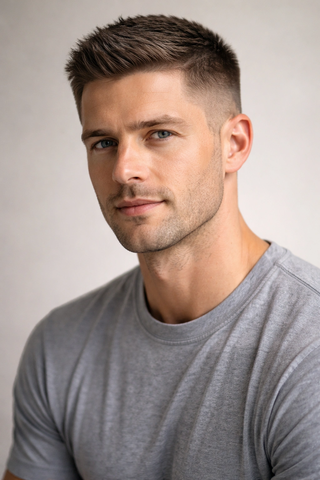 Close-up of a man with a classic crew cut showing short sides and longer top