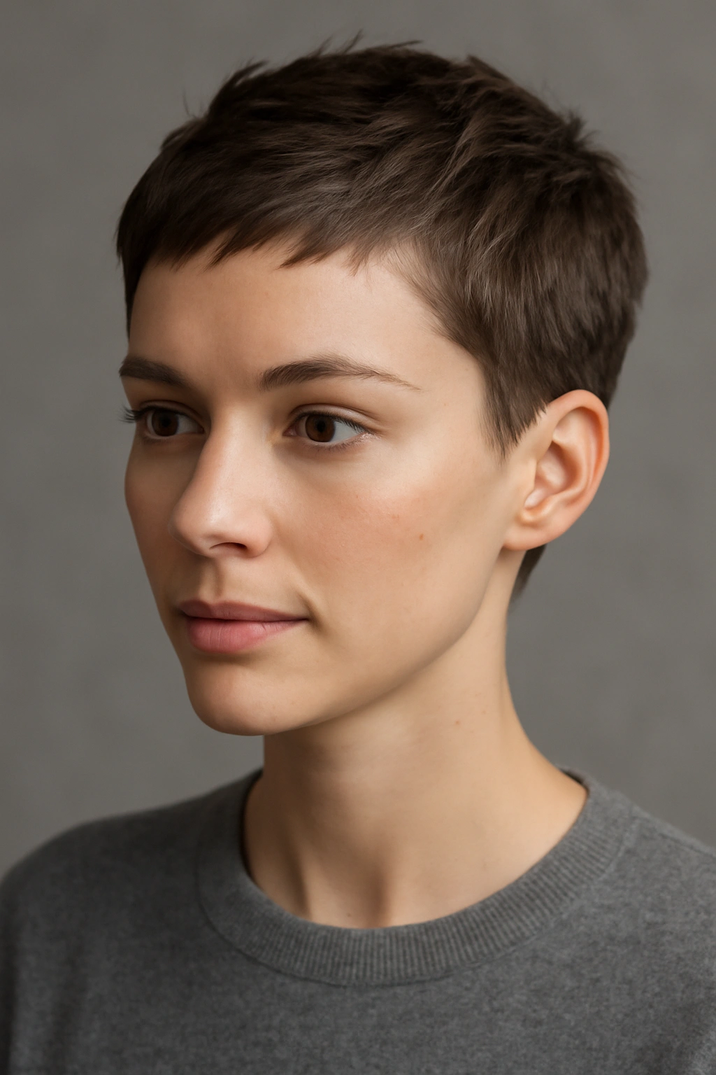 Close-up portrait of a person with The Classic Crop haircut, short sides and textured top.