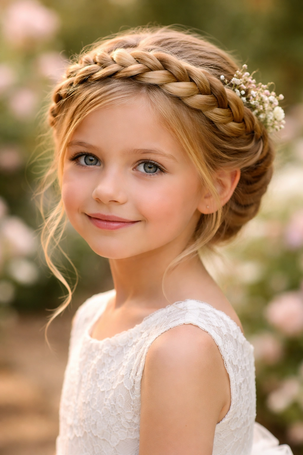 Close-up of a young flower girl wearing a classic crown braid wraparound framing her face