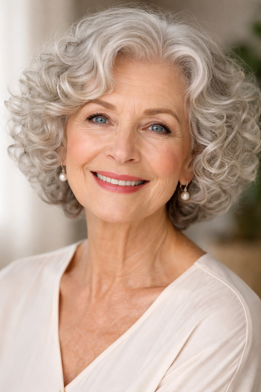 Chin-length curly bob framing a mature woman's face