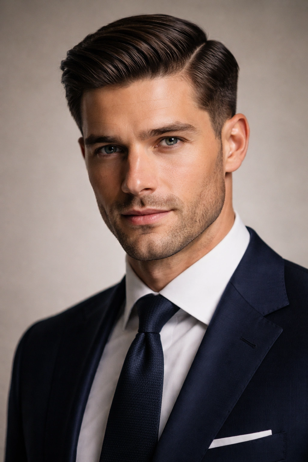 Close-up of a classic side-part hairstyle on a professional man with crisp part and smooth shine