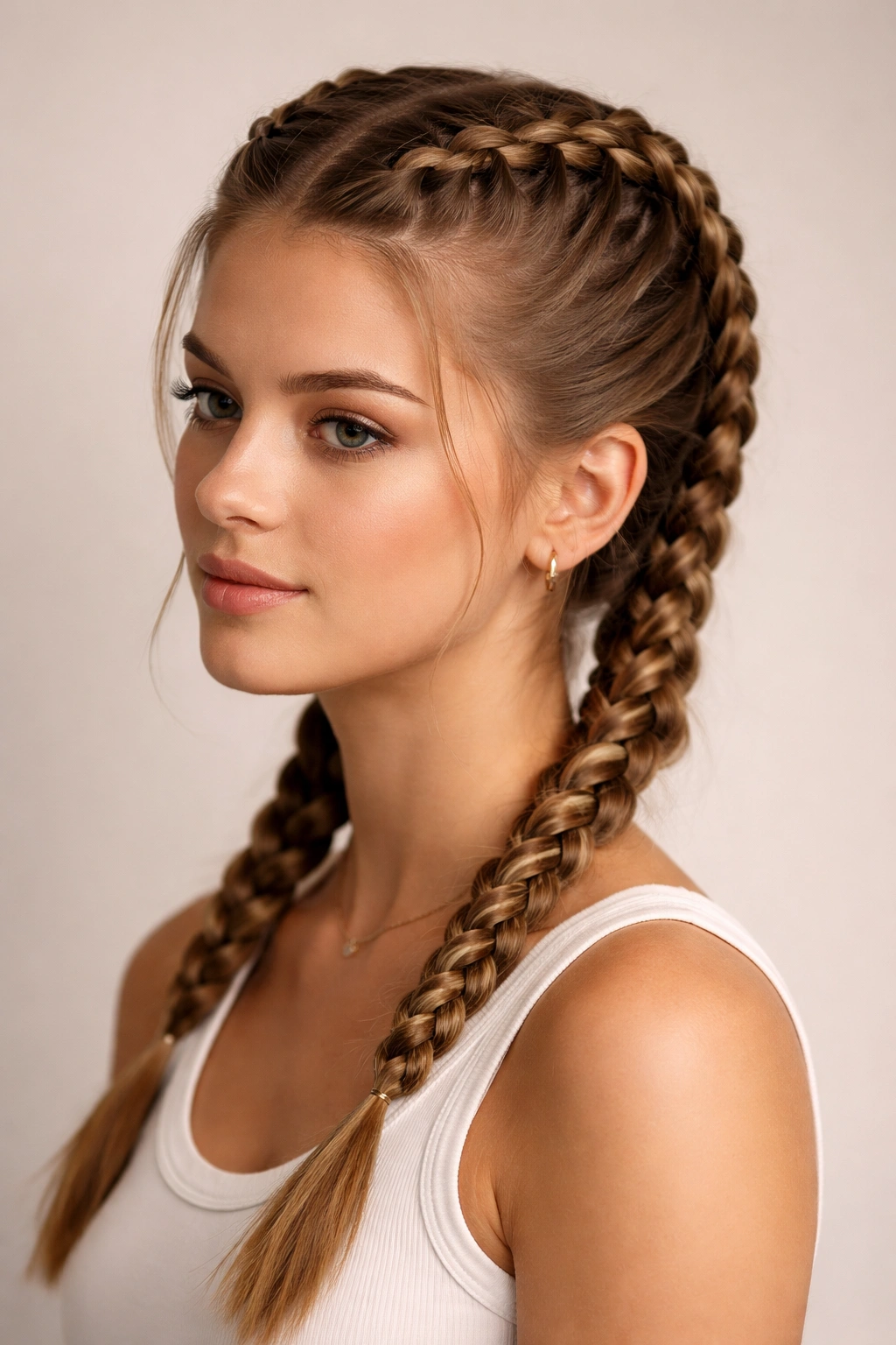 Close-up of a teen with two Dutch braids from crown to nape.