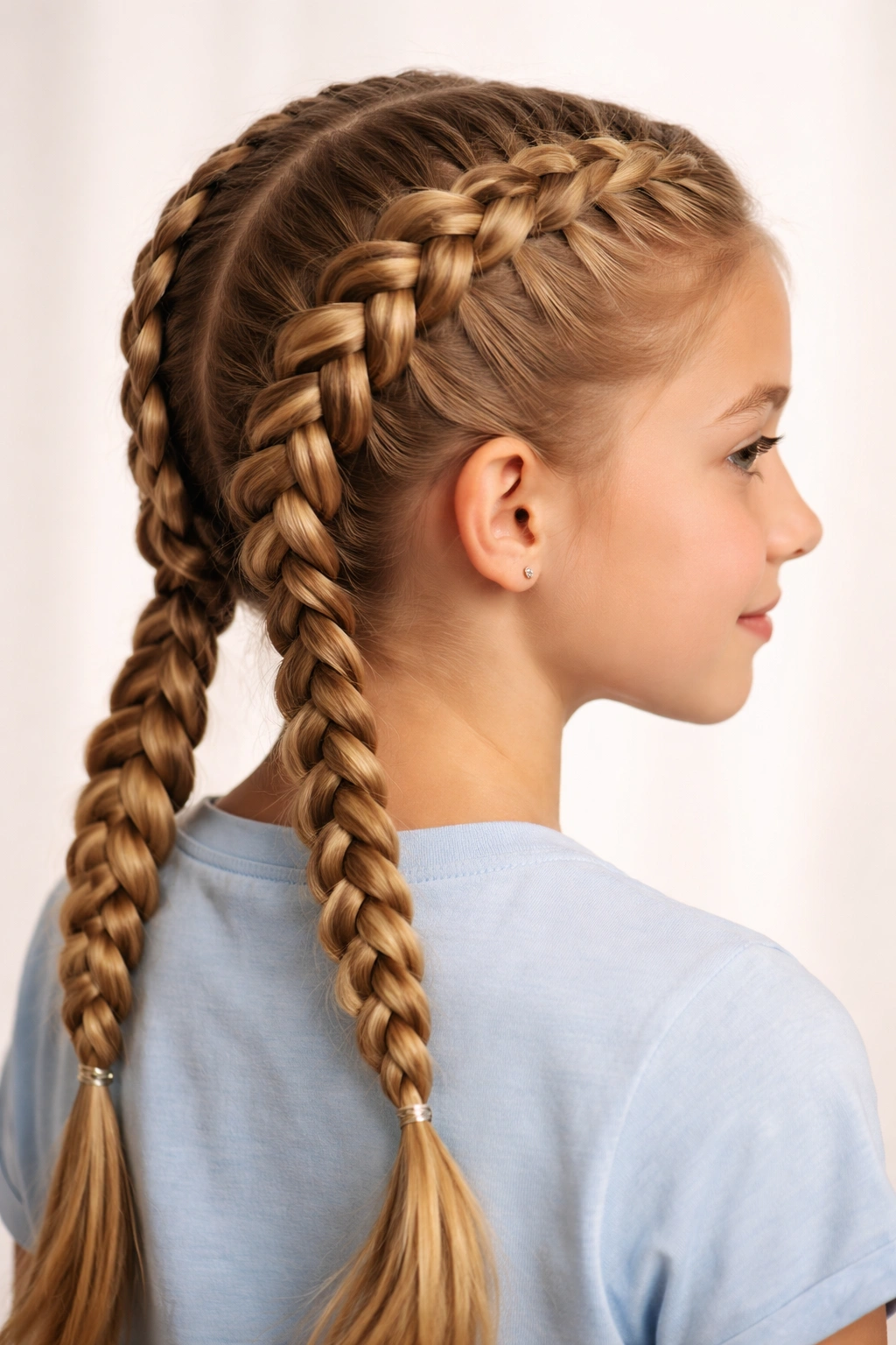 Close-up of classic Dutch braids on a tween, showcasing the raised 3D braid effect.
