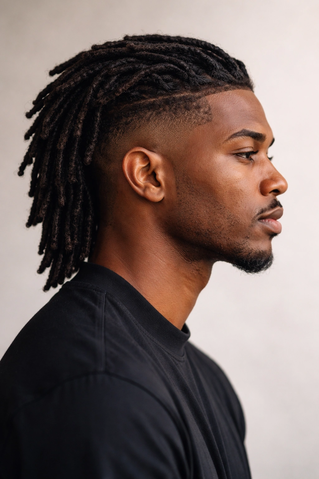 10 Mullet Loc Styles That Look Absolutely Stunning 1 Close-up portrait of a person with classic fade mullet locs showing a precise side fade and medium-length top