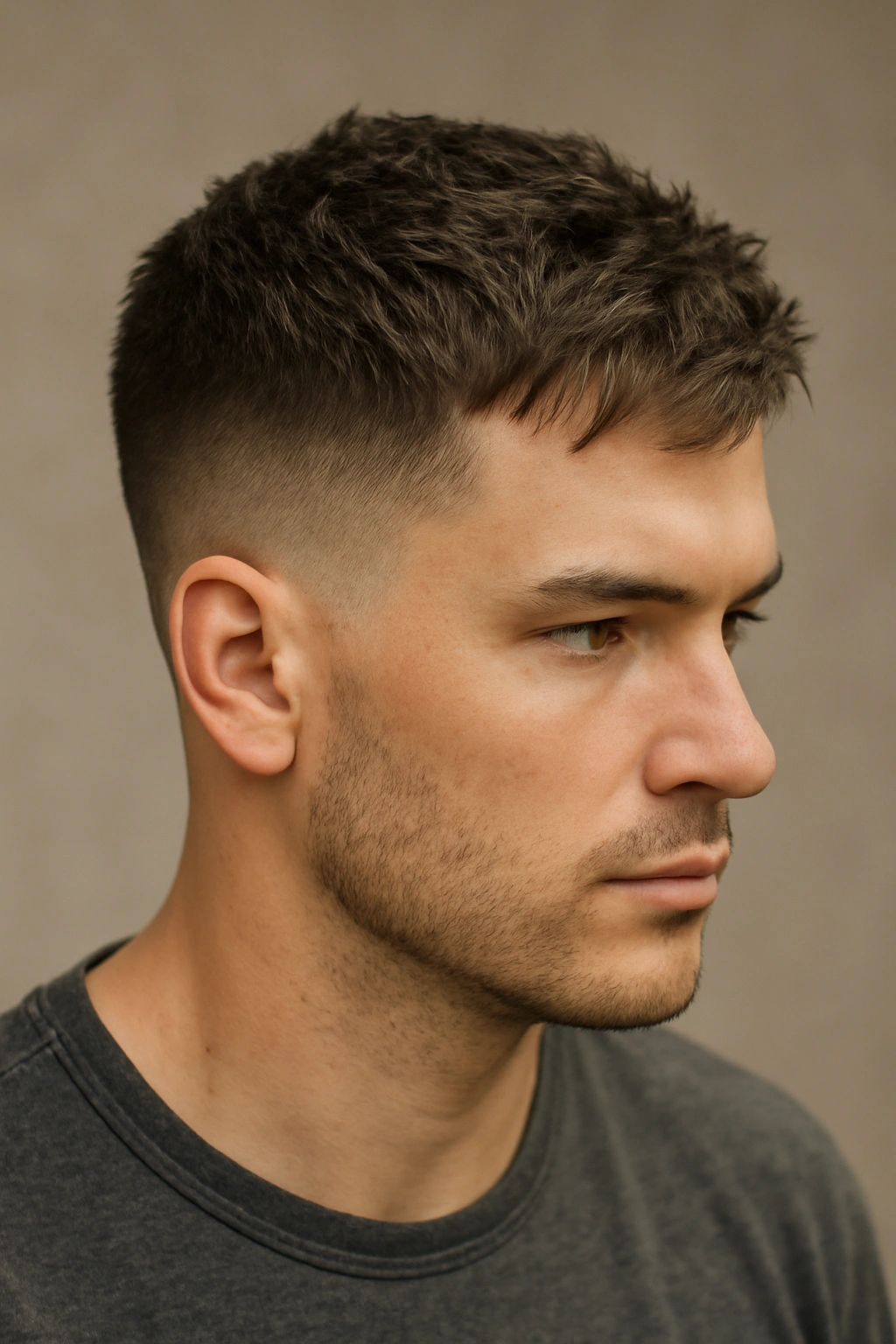 20 Men's Haircuts Matched to Face Shape and Hair Type 1 Close-up of male head with classic fade and textured top in studio lighting