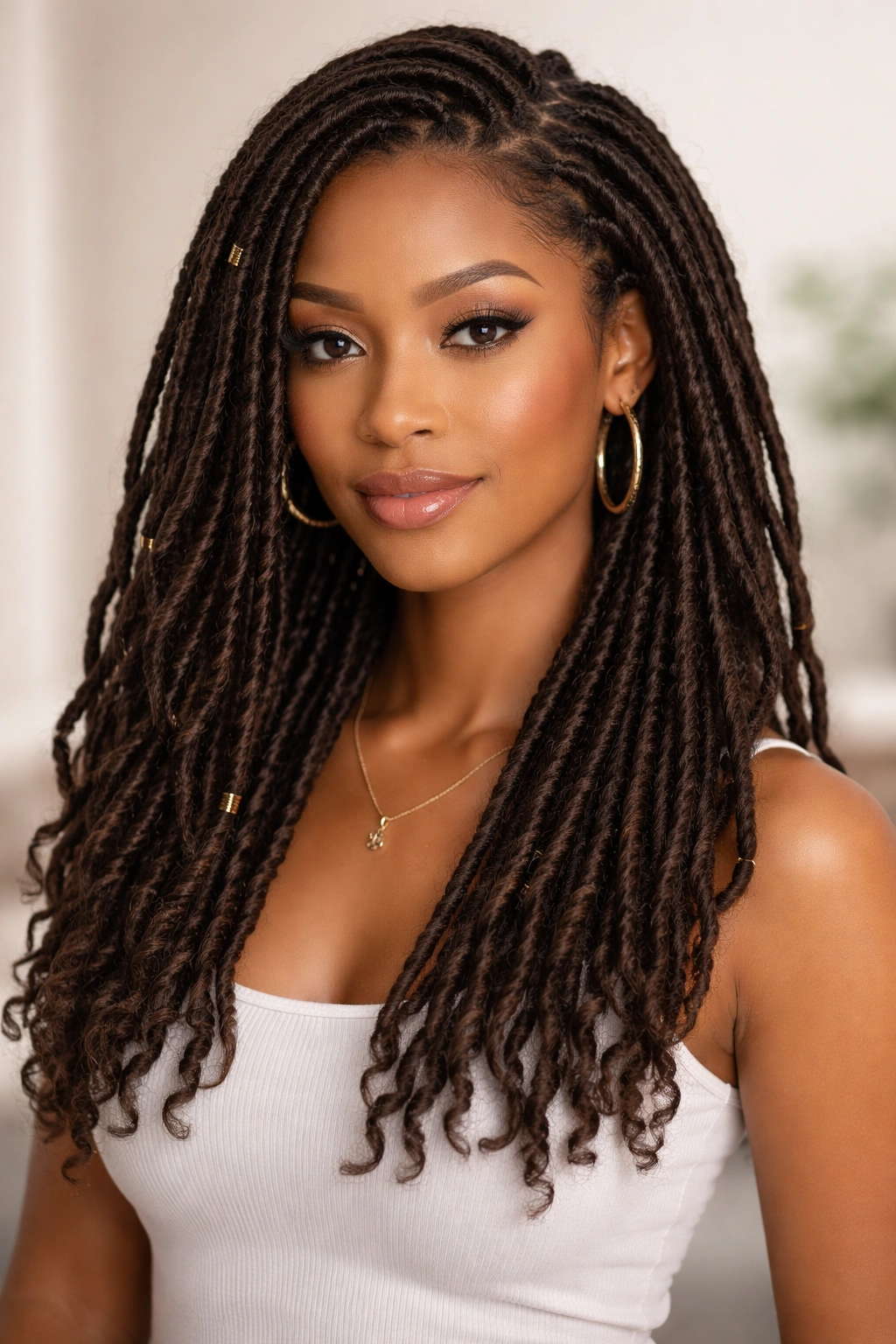 Close-up portrait of a person with classic faux locs in natural color