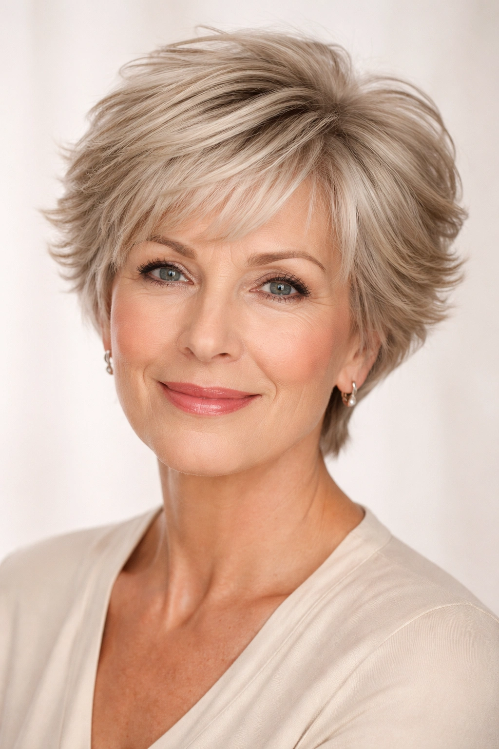 Close-up portrait of a classic feathered pixie with soft layers and crown lift