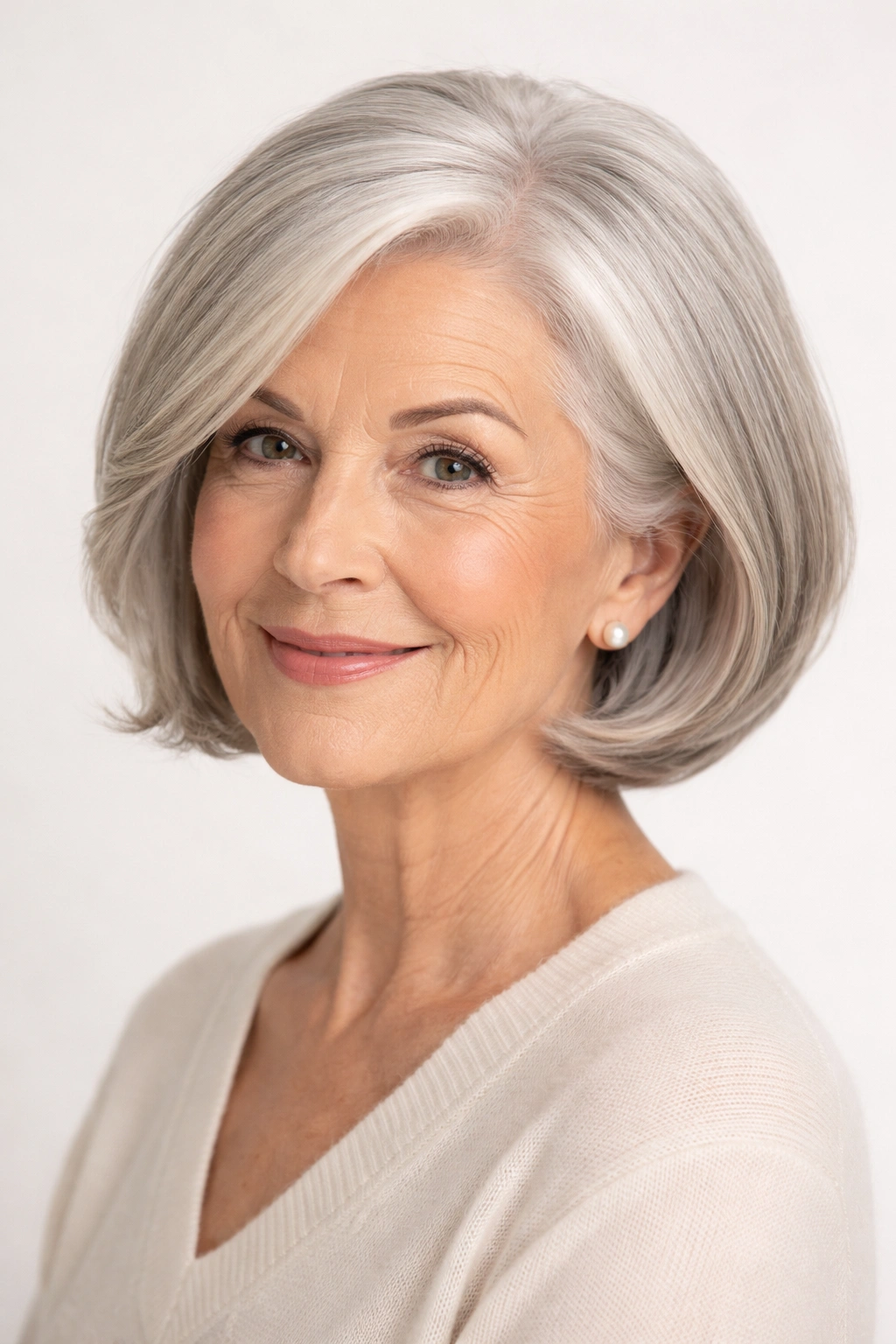 Classic flipped bob hairstyle with subtle underflip on gray hair