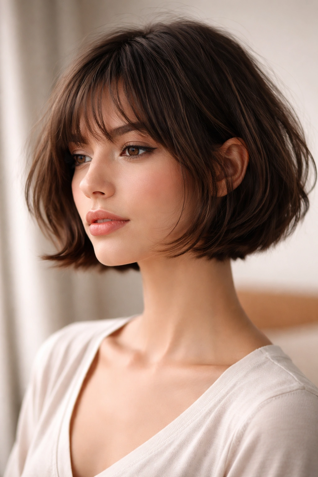 Profile view of a person with a classic French bob showing angled layers