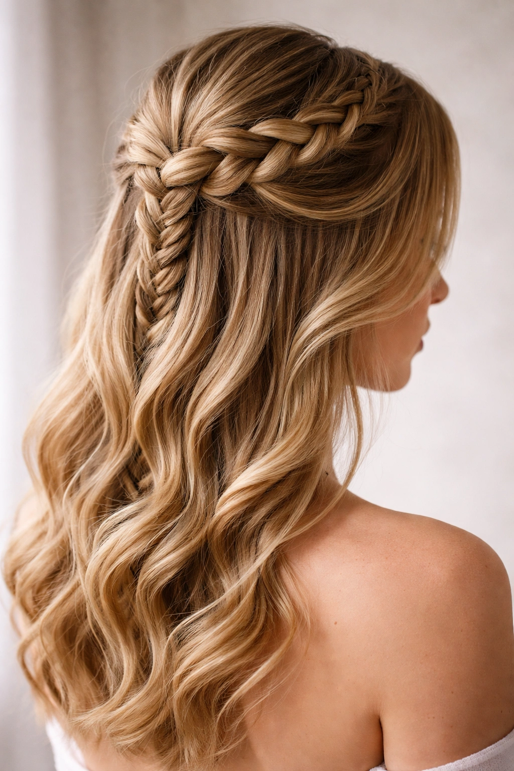 Close-up of a classic French braid half-up style with loose waves