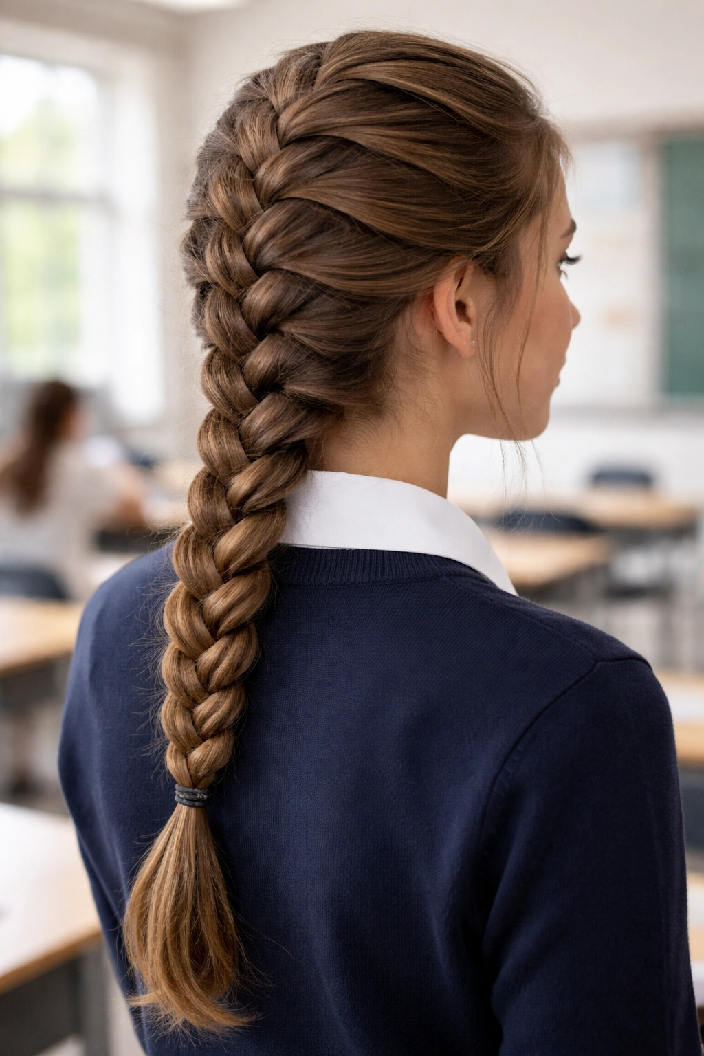 Frontal view of classic French braid from crown to end in a bright classroom