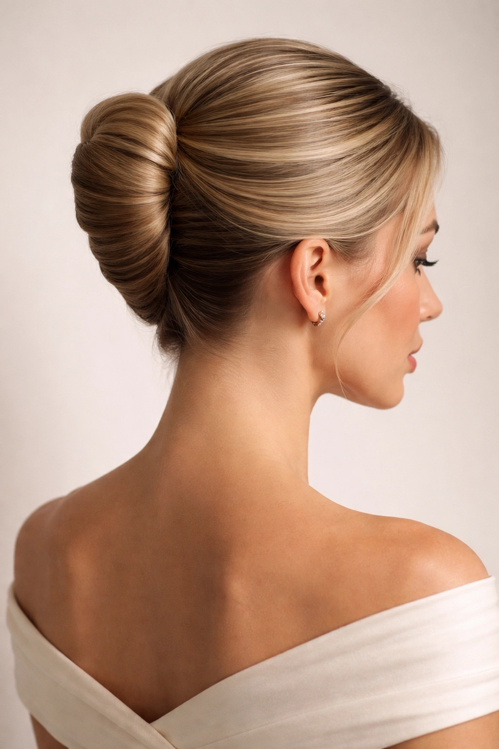 Close-up of a classic French twist updo with a smooth, tight roll.