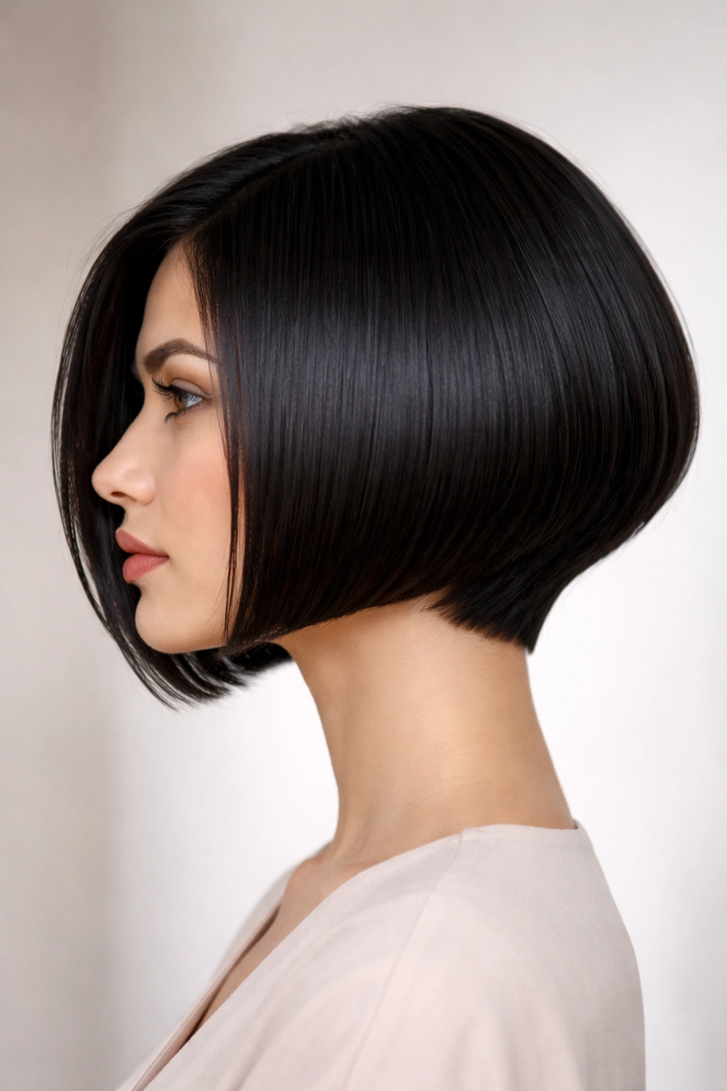 Classic inverted bob with blunt back and longer front pieces, studio lighting