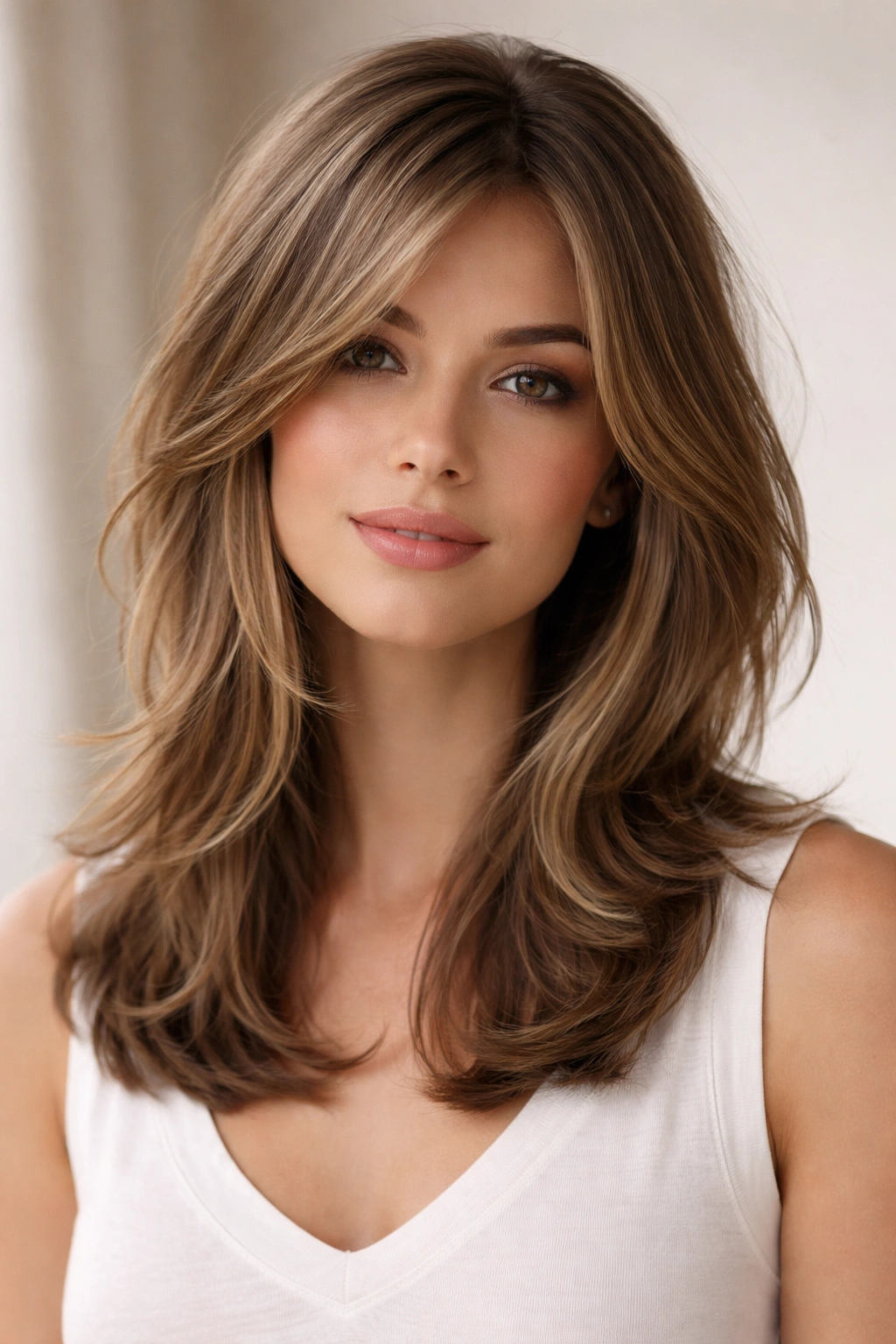 25 Medium Length Hairstyles That Suit Everyone 1 Close-up of a model with classic layered medium-length hair showing face framing and soft movement.