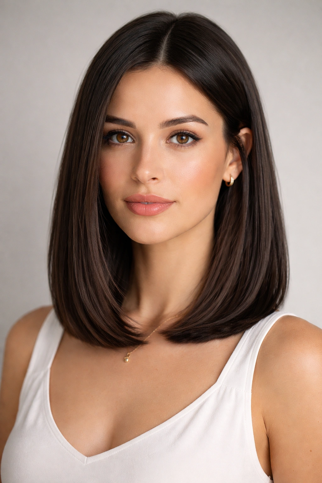 18 Shoulder Length Cuts That Flatter Everyone 1 Close-up portrait of a shoulder-length blunt lob in glossy dark brown.