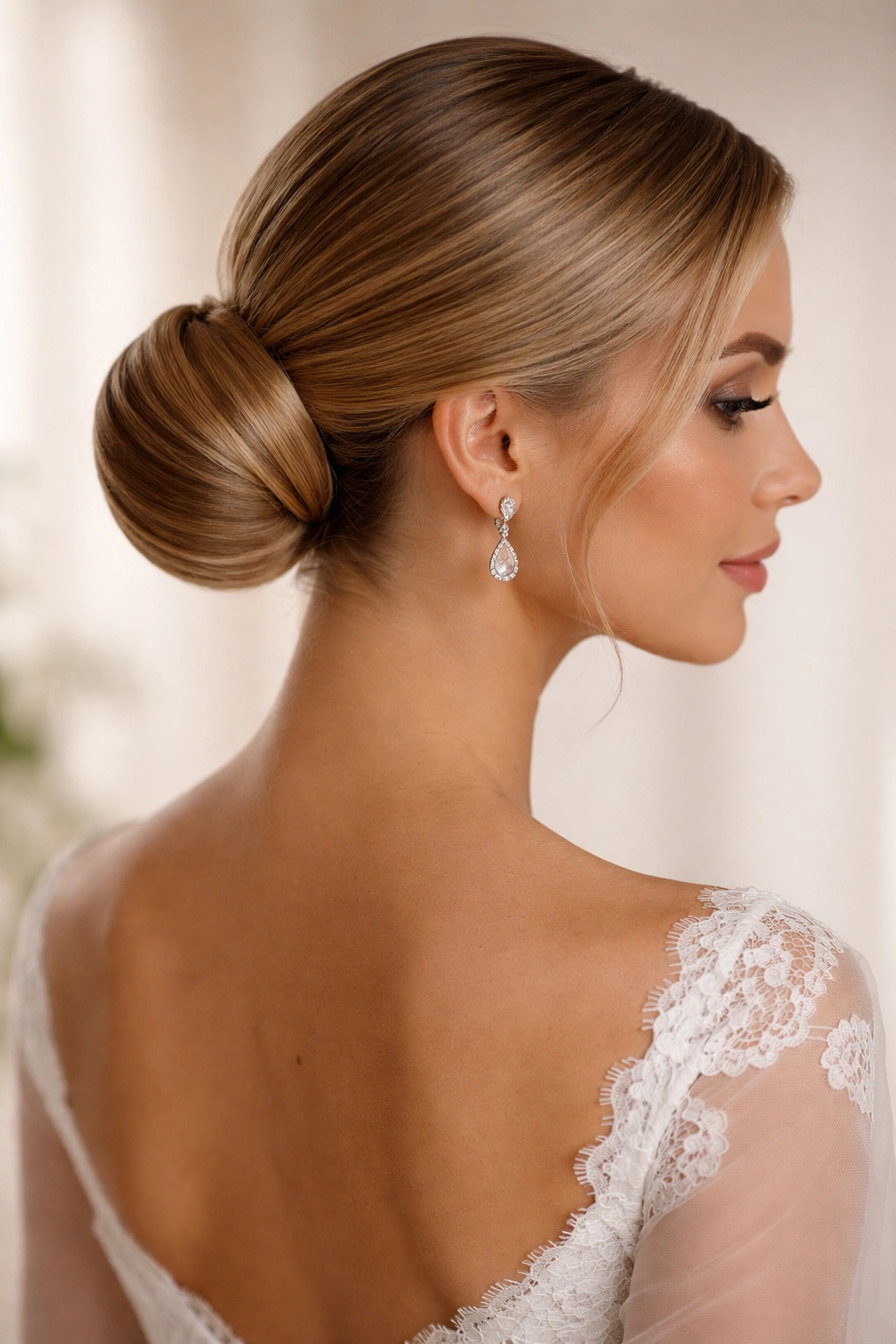 Close-up of a sleek classic low bun at the nape with smooth, polished hair.