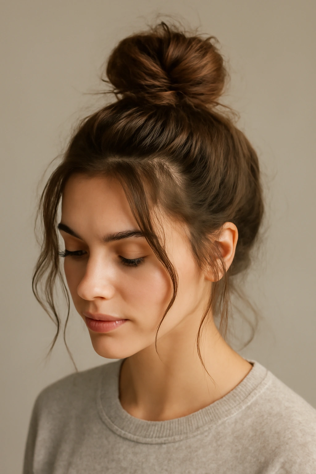 Classic messy topknot with loose strands and face framing pieces