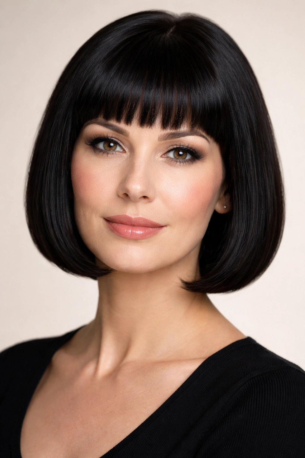 Classic pageboy with short bangs in glossy jet-black hair.