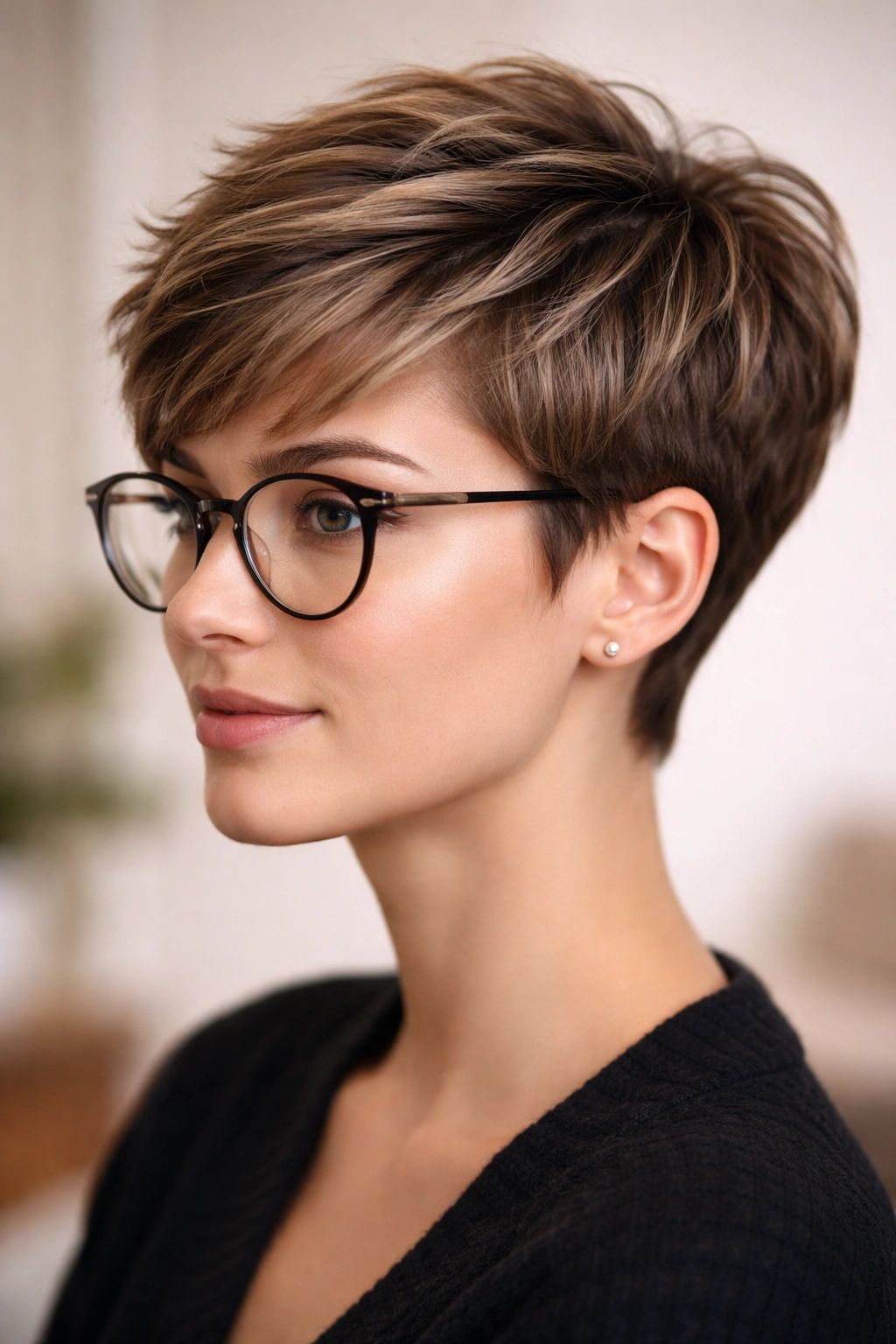 Portrait of The Classic Pixie With Longer Crown showing crown length and short sides