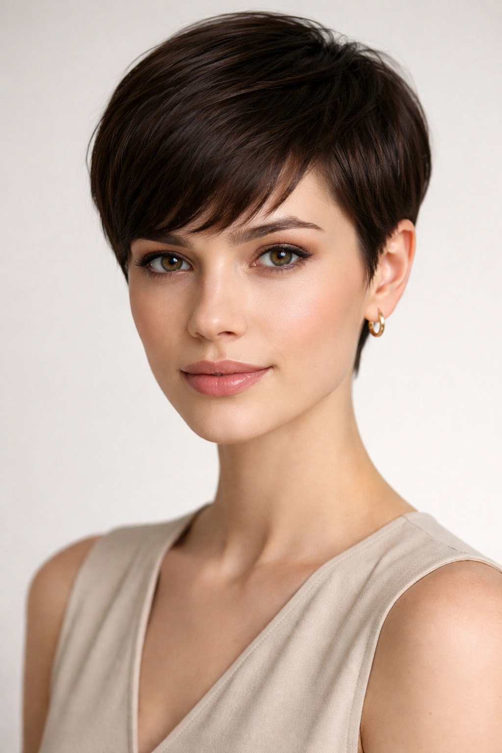 Close-up portrait of a Classic Pixie Cut for Straight Hair highlighting crisp architectural lines