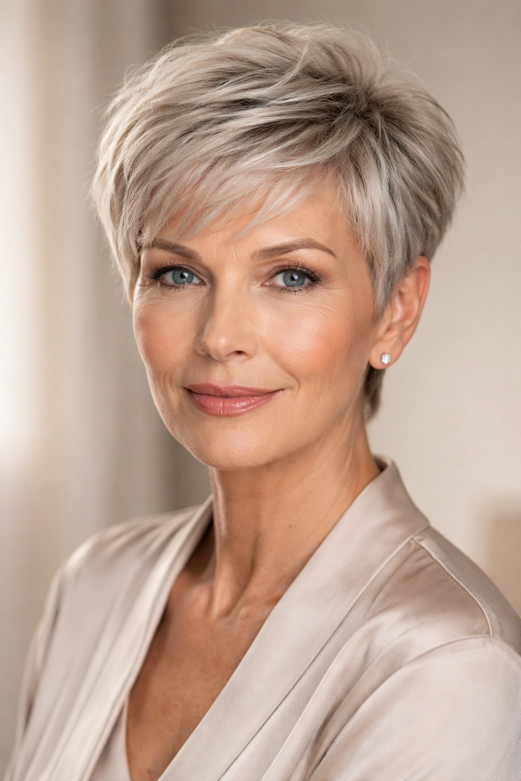 Classic pixie haircut on an older woman with textured crown