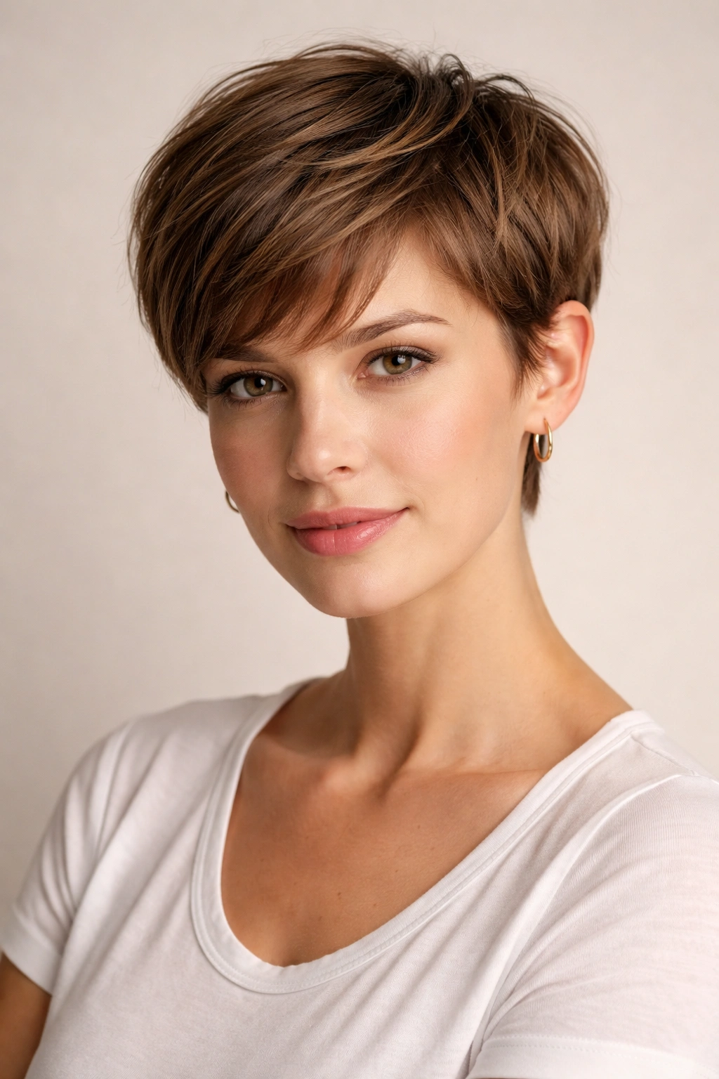 Classic pixie with longer sides hairstyle in a minimal studio setting