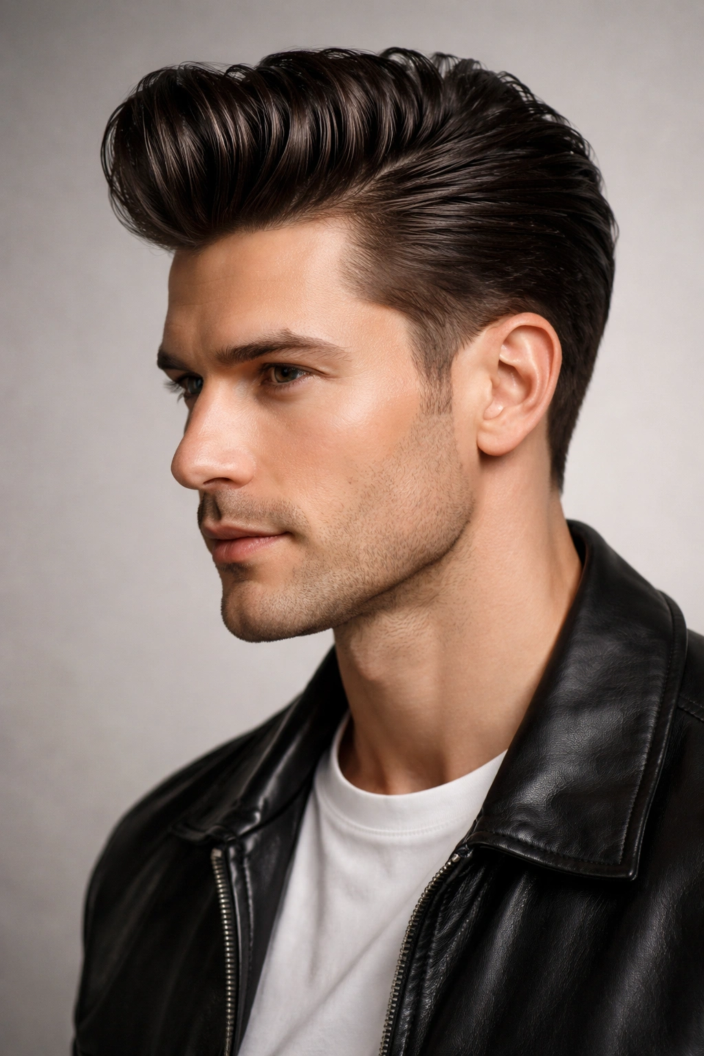 Classic pompadour hairstyle with glossy finish and moderate side length on a male model