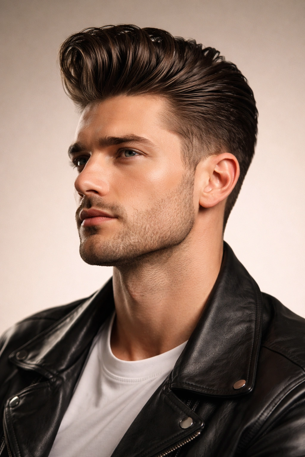 Close-up portrait of a man with a classic pompadour hairstyle